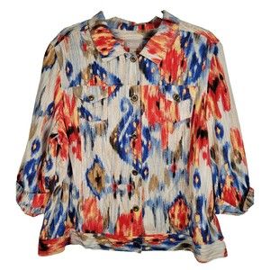 Chico's Sz 3 Linen Blend Jacket Aztec Southwest Button Front 3/4 slv Size 16-18